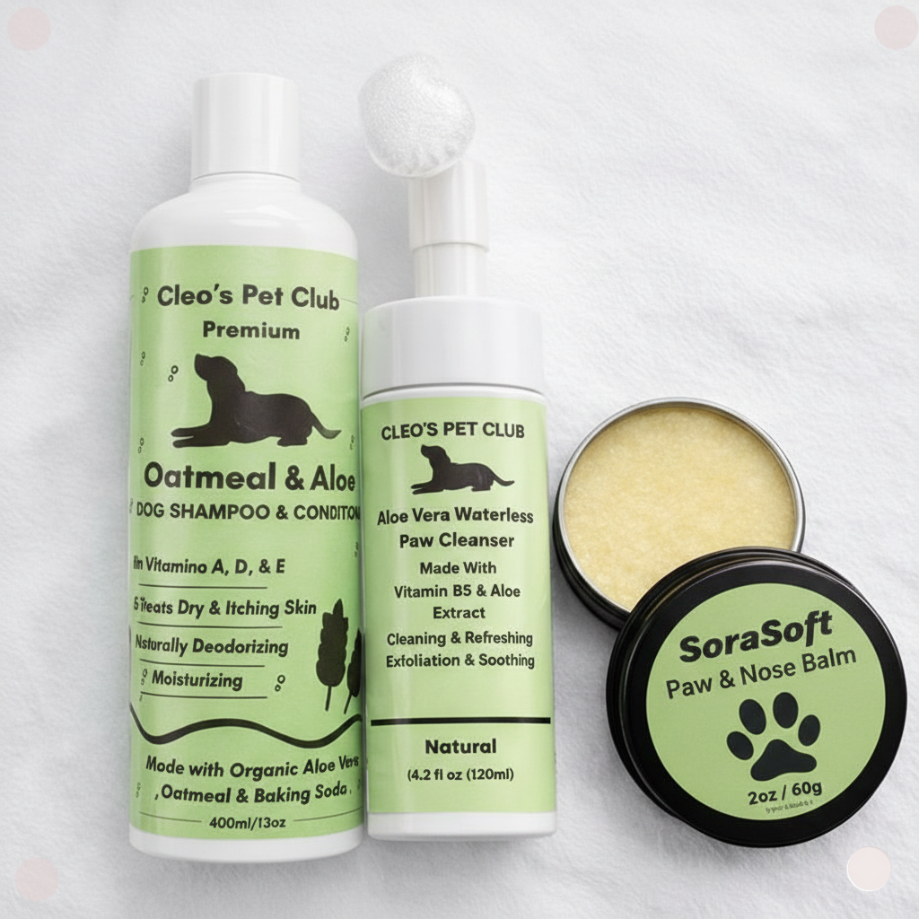 square product mockup featuring a bottle of Cleo's Pet Club Oatmeal and Aloe Dog Shampoo alongside a black tin of Sorasoft Paw and Nose Balm. Both items feature light green labels with dark text and a dog silhouette. The products are centered against a clean, solid white with light colored dots background.