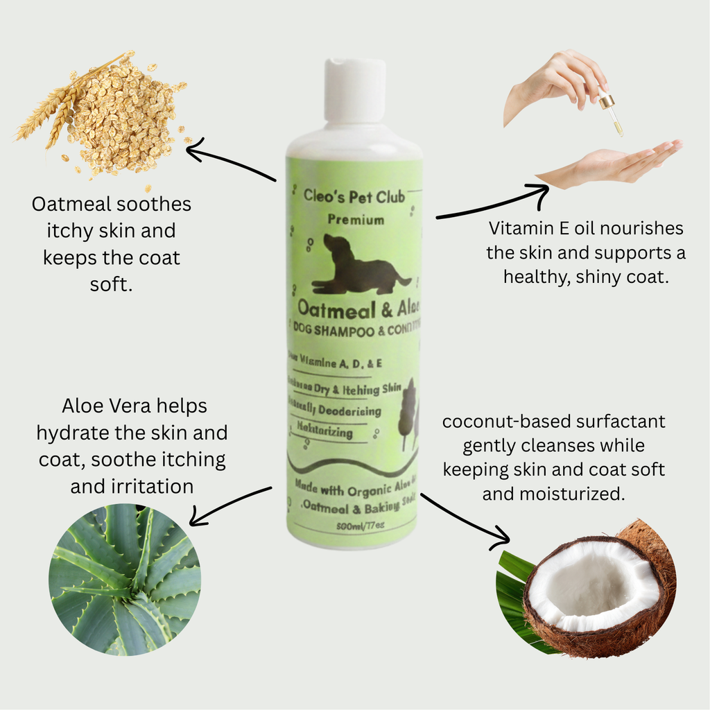 Cleo's Pet Club Oatmeal & Aloe dog shampoo bottle with ingredients highlighted on a white background