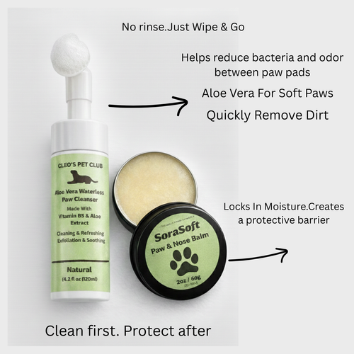 Cleo's Pet Club paw cleanser and SoraSoft paw balm with text on a white background