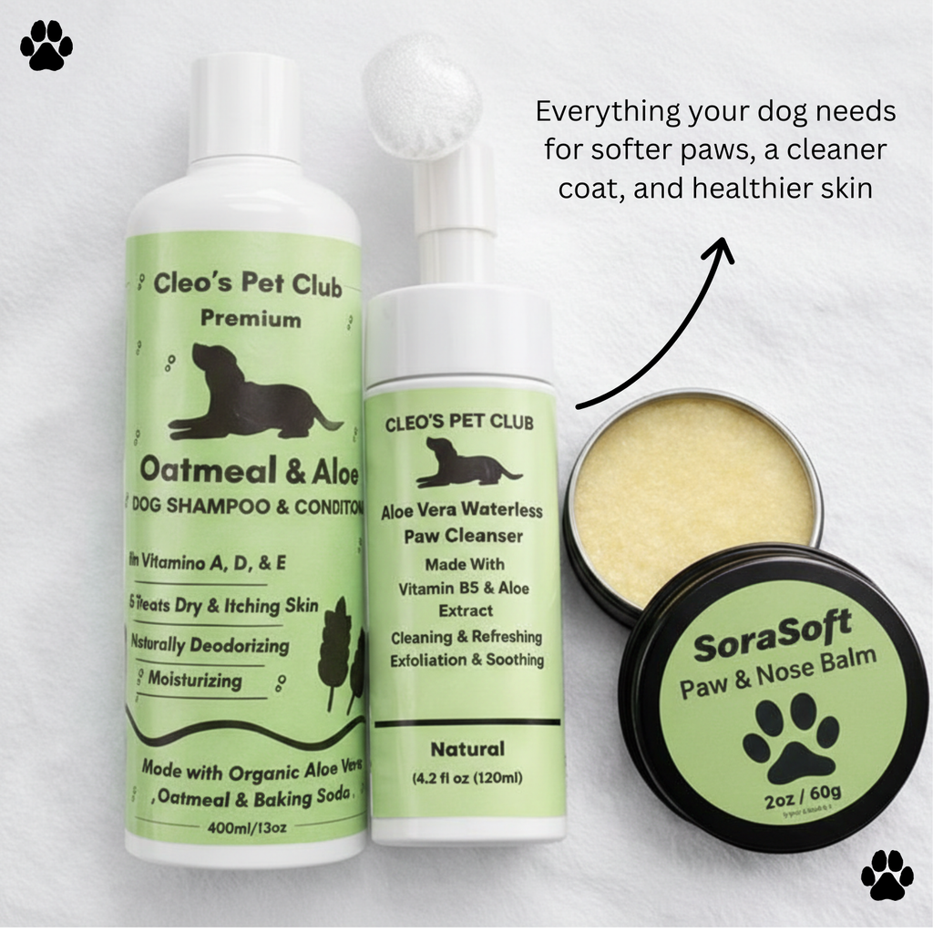 Cleo's Pet Club pet care products including shampoo, cleanser, and balm on a white background.