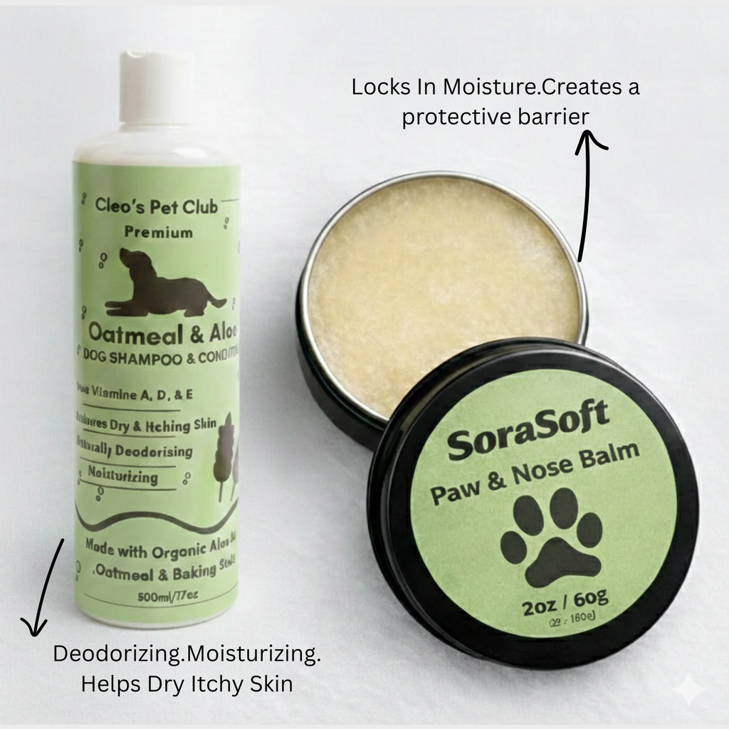 Cleo's Pet Club shampoo and conditioner bottle and SoraSoft paw and nose balm on a white background