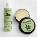 Cleo's Pet Club Oatmeal & Aloe shampoo and conditioner bottle and SoraSoft Paw & Nose Balm on a white background