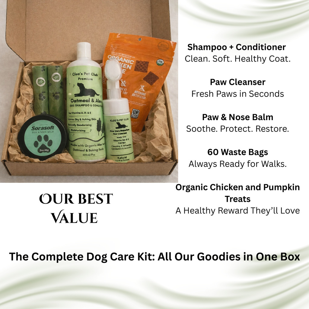 Dog care kit with various products and text detailing contents.