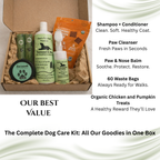 Dog care kit with various products and text detailing contents.